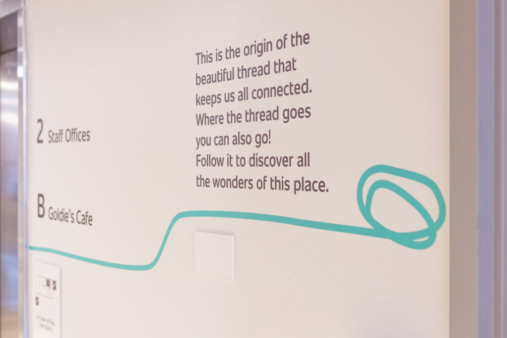 A colourful thread graphic displayed on walls that weaves throughout the space.