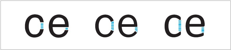 Apertures. Compare the closed apertures of Helvetica with the more open apertures of Benton Sans, and the much more open apertures of Calibri.