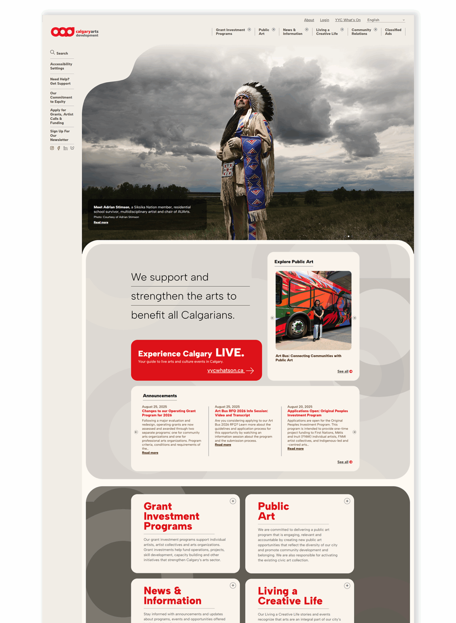 Homepage of the Calgary Arts Development Website