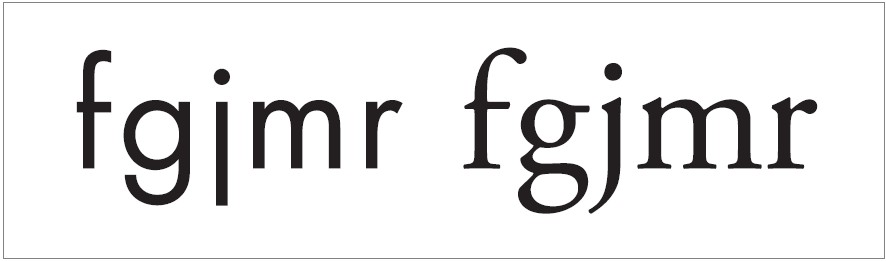 Character width variation. Futura and Adobe Garamond. Note the extreme differences in narrow and wide letterforms in Futura, while these differences are less pronounced in Adobe Garamond.