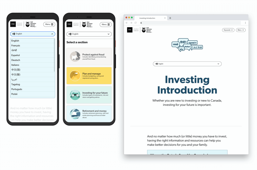 Examples of mobile and website designs focusing on language options