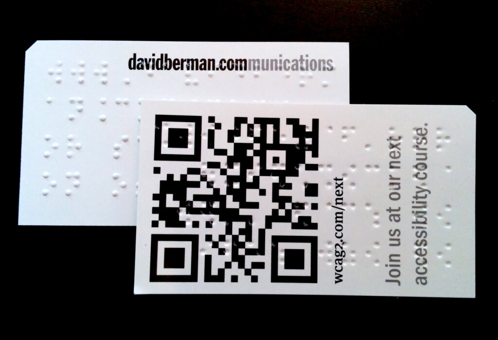 Business card example with "Berman Corner" and braille.