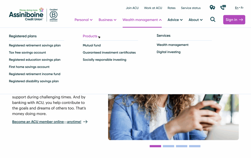 Screenshot of Assiniboine Credit Union website highlighting the navigation menu drops down