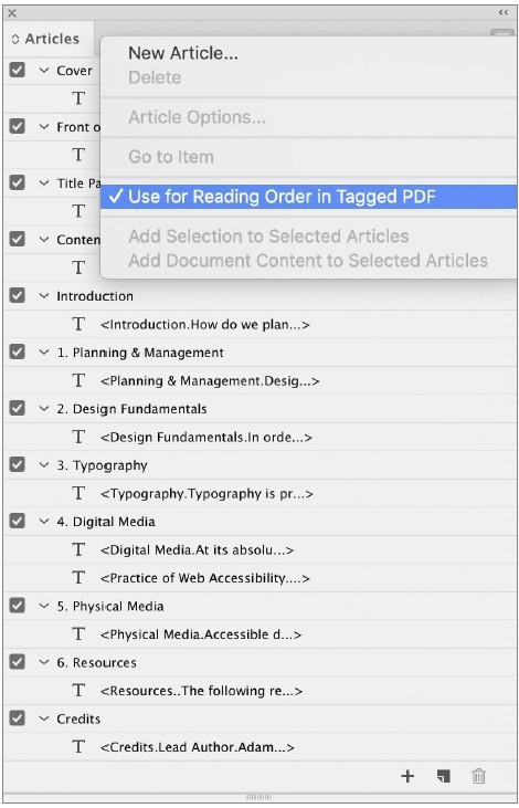 Example of an article's panel in InDesign.