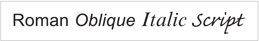 Stance. From left to right, Arial Regular (which is roman), Arial Italic (which is actually oblique), Times New Roman Italic, and Caflisch Script.