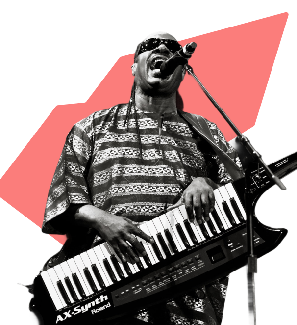 Stevie Wonder singing and playing a keyboard