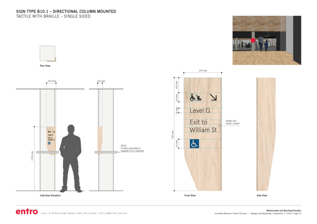 Rendering of directional column mounted signs that are tactile with braille.