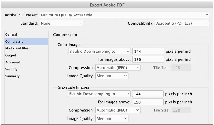 Screenshot of Adobe PDF Export settings.