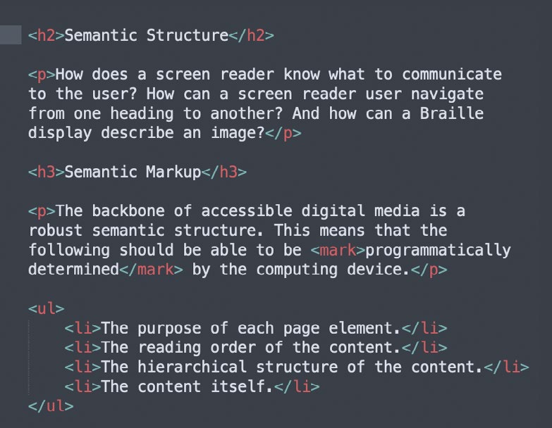 Semantic Markup. An excerpt from this page marked up as semantic HTMl.