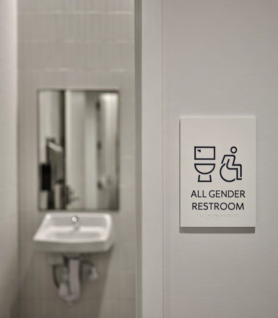 All gender restroom signage with pictograms.