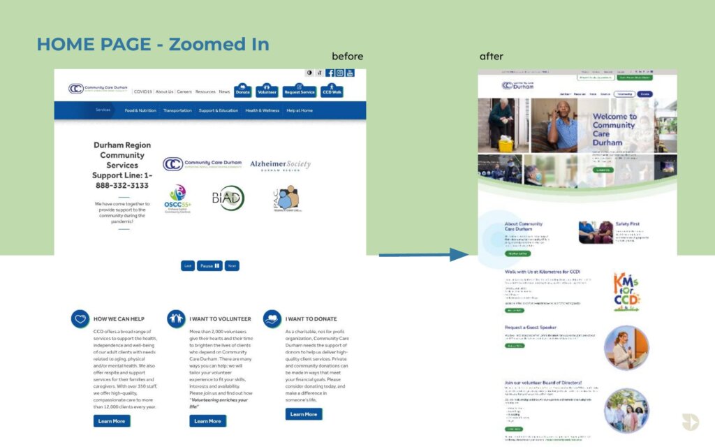 Homepage, before and after redesign comparison.